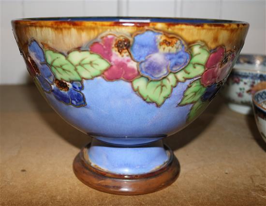 Royal Doulton pedestal fruit bowl, with tubelined floral decoration on a blue ground, impressed nos. X8742 and 5172